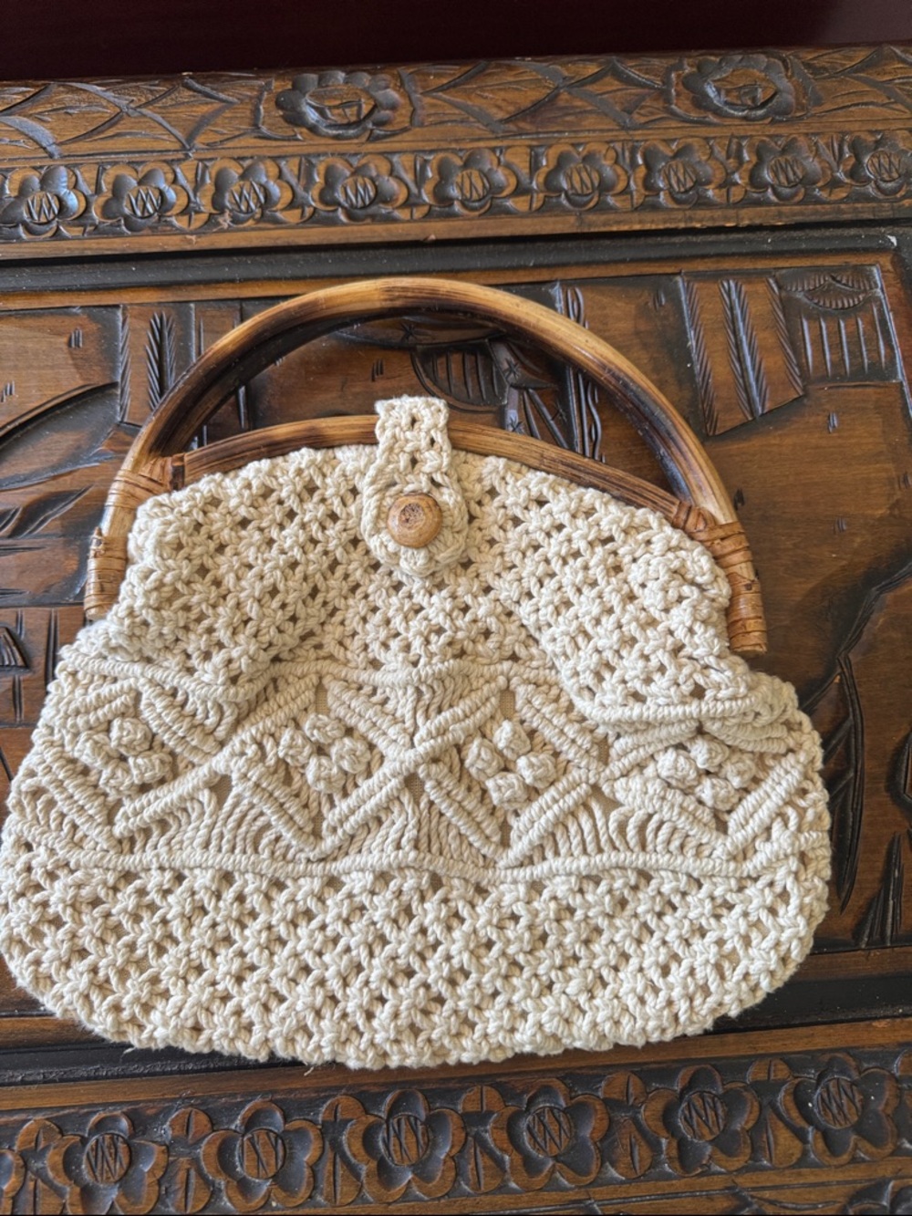 Handcrafted Cream Macramé Clutch with Bamboo Handles
